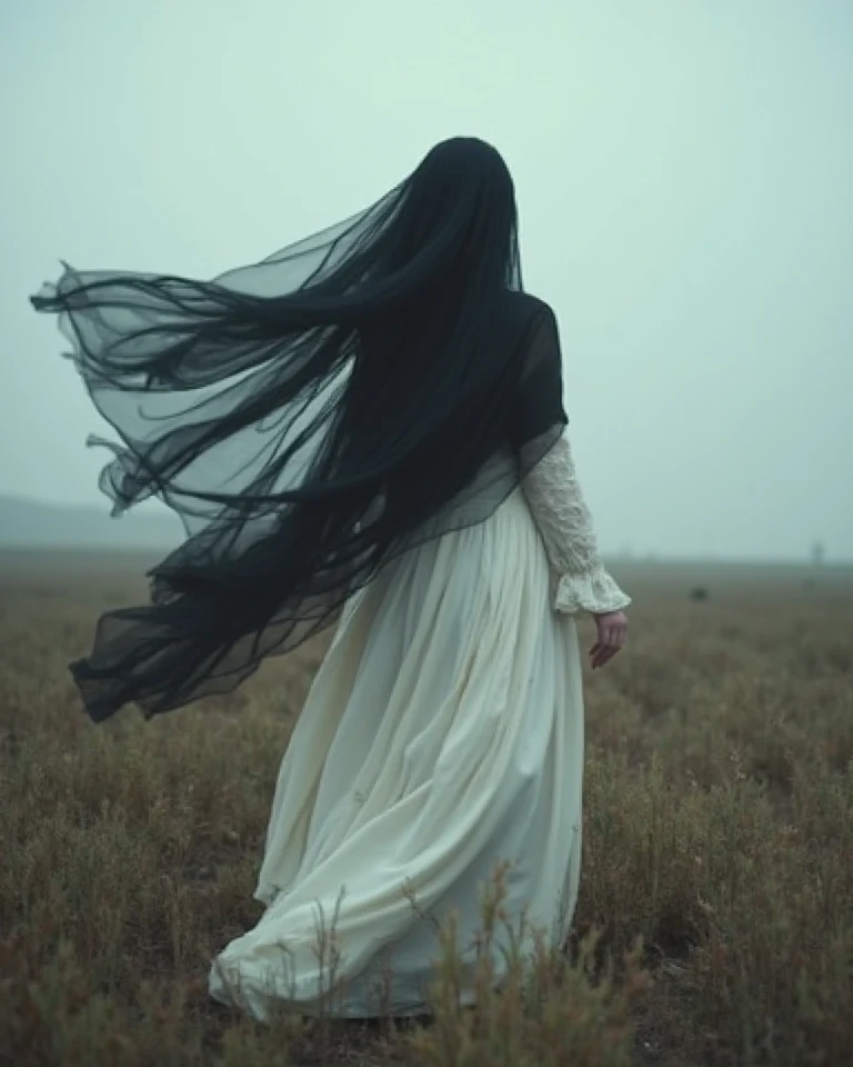 a surreal, gloomy scene in nature: a mysterious figure dances in an open field with dark, melancholy atmosphere.
She is wearing an elegant, Victorian inspired clothing - white dress, His face is completely covered with black very long floating cloth or vei...