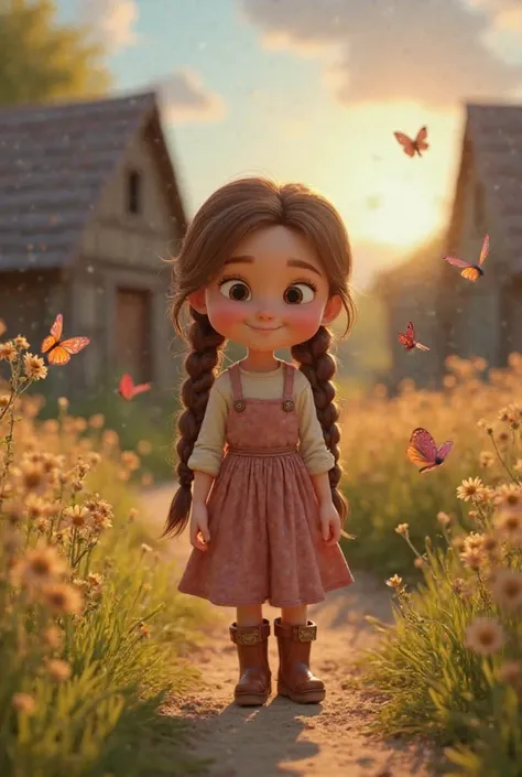 reate a 3D video in Disney/Pixar style about Clara, a  girl with long brown braided hair, who lives on a farm. She wakes up to the sound of the rooster and the radio in her rustic room, puts on her boots, and cheerfully heads out to feed the pigs, cows, ch...