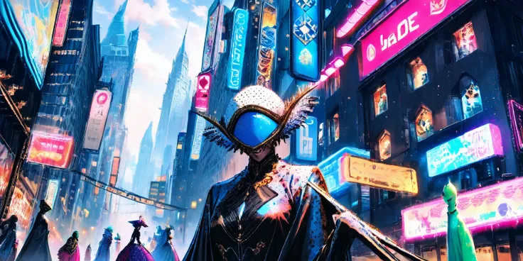 jade and crystalline modern city, building etched and painted with Asian stylings, some buildings brilliantly lit with colorful fluorescent lights, the pedestrians are blue skinned frog men (huge eyes, humanoid, mottled blue skin, long fingers, black cyber...