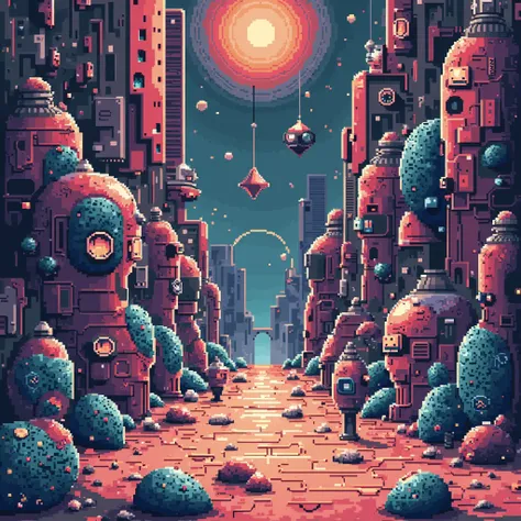 (best quality,4k,8k,highres,masterpiece:1.2),pixel art,retro style,abstract,sharp lines,vibrant colors,unique textures,medium:digital,limited color palette,blocky shapes,detailed structures,surreal elements,imagination unleashed,playful characters,strong c...