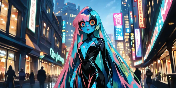 jade and crystalline modern city, building etched and painted with Asian stylings, some buildings brilliantly lit with colorful fluorescent lights, the pedestrians are blue skinned frog men (huge eyes, humanoid, mottled blue skin, long fingers, black cyber...