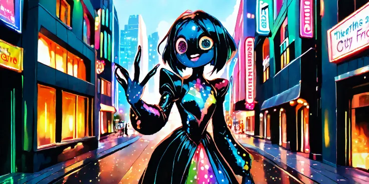 jade and crystalline modern city, building etched and painted with Asian stylings, some buildings brilliantly lit with colorful fluorescent lights, the pedestrians are blue skinned frog men (huge eyes, humanoid, mottled blue skin, long fingers, black cyber...