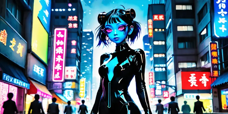 jade and crystalline modern city, building etched and painted with Asian stylings, some buildings brilliantly lit with colorful fluorescent lights, the pedestrians are blue skinned frog men (huge eyes, humanoid, mottled blue skin, long fingers, black cyber...