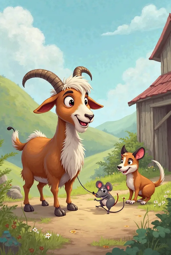 Animated photo of a goat, and a mouse,  and 1 dog 