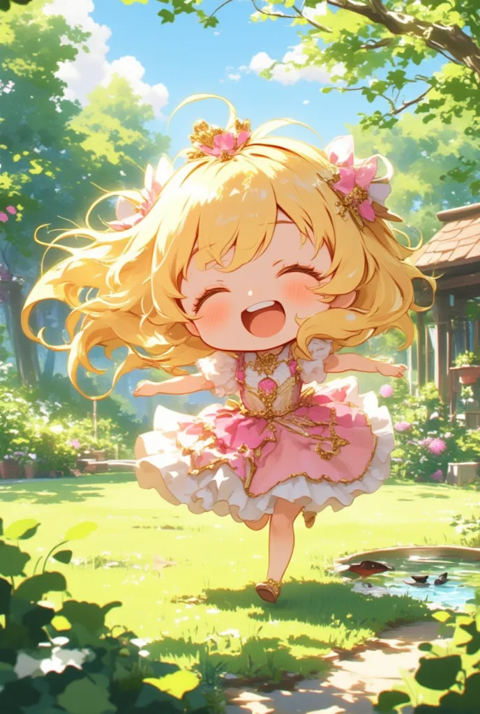 happy atmosphere, close up face, chibi, deformed, In a spacious garden, a little princess wearing a frilly dress runs around energetically. Her dress, adorned with pink and white frills, flutters with every movement. Laughing joyfully, the little princess ...