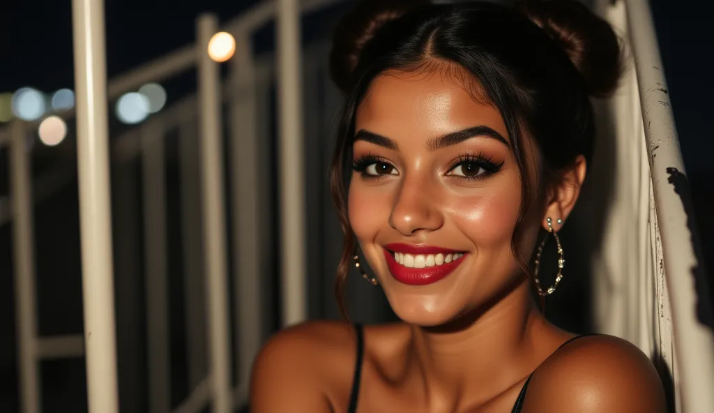 A stunning young woman with sharp, captivating facial features poses against a white metal railing at night, flashing a bright yet sultry smile. Her almond-shaped eyes sparkle with confidence and playfulness, enhanced by dark, smoky eyeshadow and delicate ...