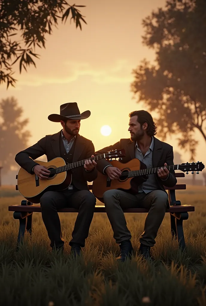 There are two people sitting on a bench playing guitar, Red Dead redemption2, Red Dead redemption 2, in Red Dead redemntion 2, in Red Dead redemption 2, against rdr 2, rdr2, arthur morgan, [ Red Dead ],  video game screenshot >, Red Dead redemption, Compos...