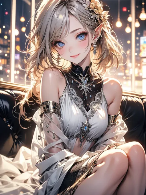 ( masterpiece),(4K),high quality,flat chest,1 girl,Elf,Long silver hair,PALE SKIN,smile, beautiful detailed blue eyes , ( high-definition and elegant ),  magical colors and atmosphere , detailed skin,  are intimate Suggests an elegant environment  , scene ...