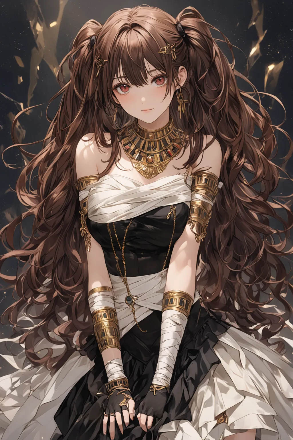 Make a 2D anime-style image of:

Her long, wavy brown hair, stylized in two tall pigtails tied with black ribbons. The character has a straight fringe that partially covers an eye, giving her a mysterious and elegant look. The hair is voluminous, with ligh...