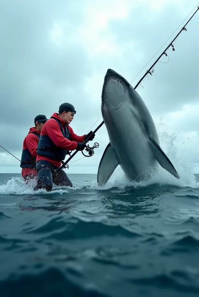 Transform the photo of a couple into an ultra-realistic scene of two fishermen in the open sea, catching a massive shark. The fishermen should be dressed in professional fishing gear, struggling with the fishing rod as the powerful shark emerges from the w...