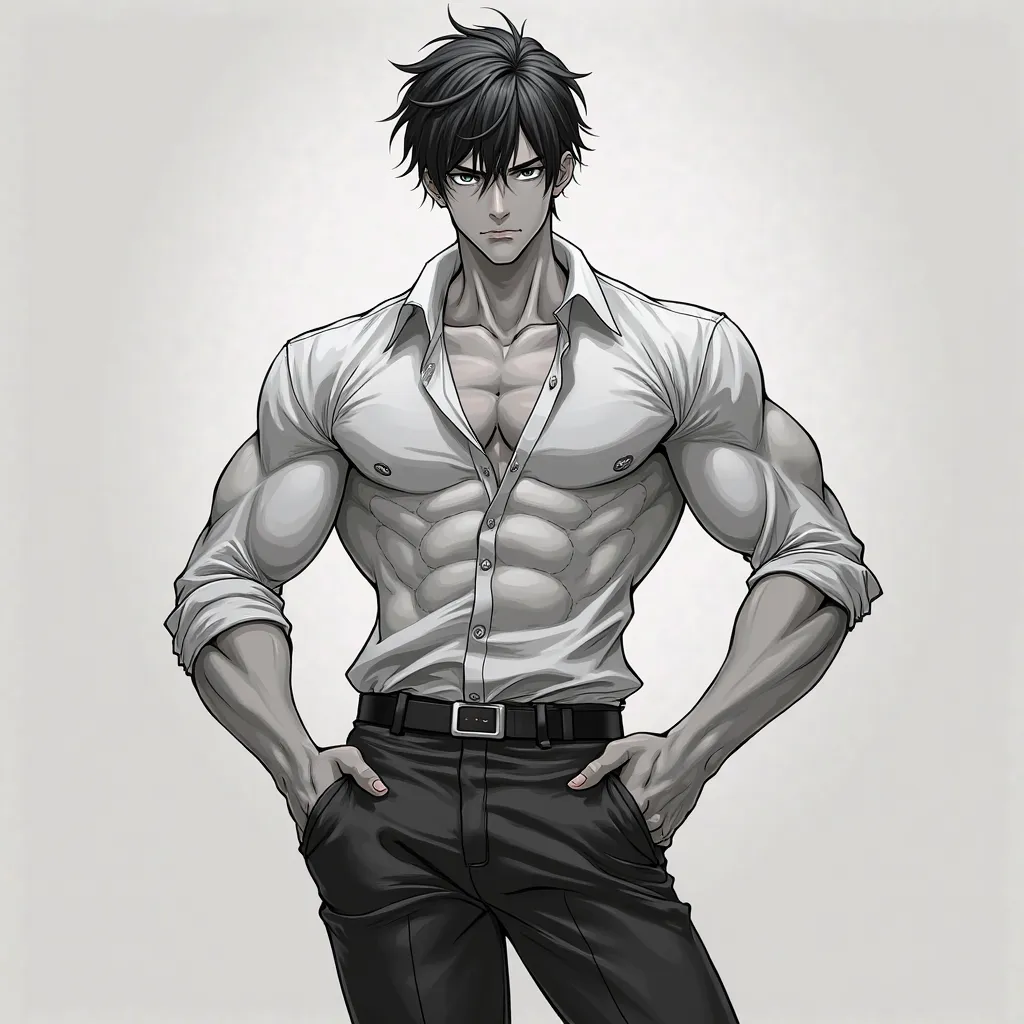 Normal anime-style male body, that are unique and that it looks full body from the front and that it is in black and white for coloring