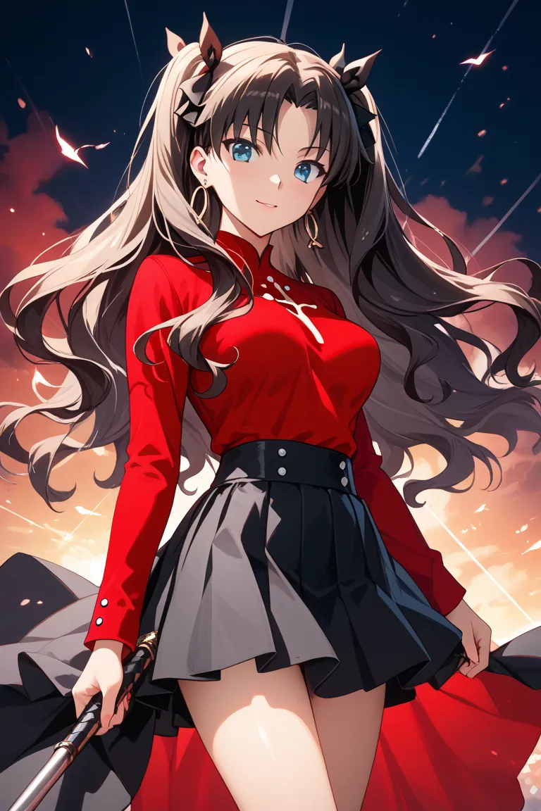 1 woman、 black hair、 red clothes、black skirt、two side up、Black hair ornament、Tohsaka Rin、anime style、Standing still、eyes without light