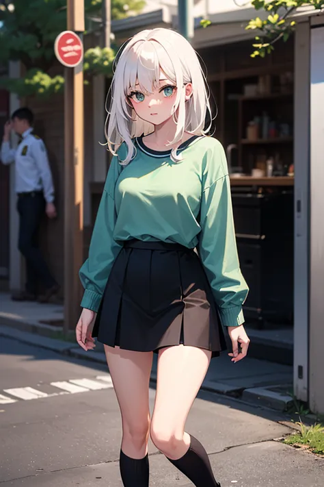 You have a girl with white hair a little above the shoulders with fringes, ojos rosados, a long sleeve blouse a little bulging gray, a skirt below the chest and above the knees green, brown school sneakers in Japan, below the knee stockings, at a crime sce...