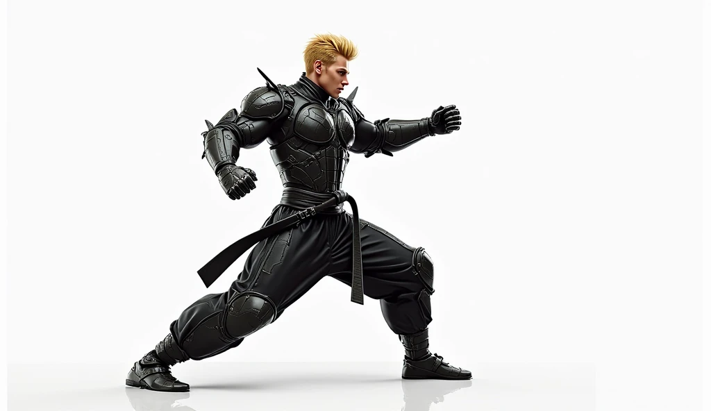 A blond young man in a karate attack position, wearing black combat armor, bare,  solid white background,  futuristic image ,  Whole body.