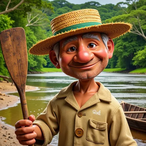 transform the character in the image, the man in the straw hat holding the oar, into a character that is as realistic as possible.