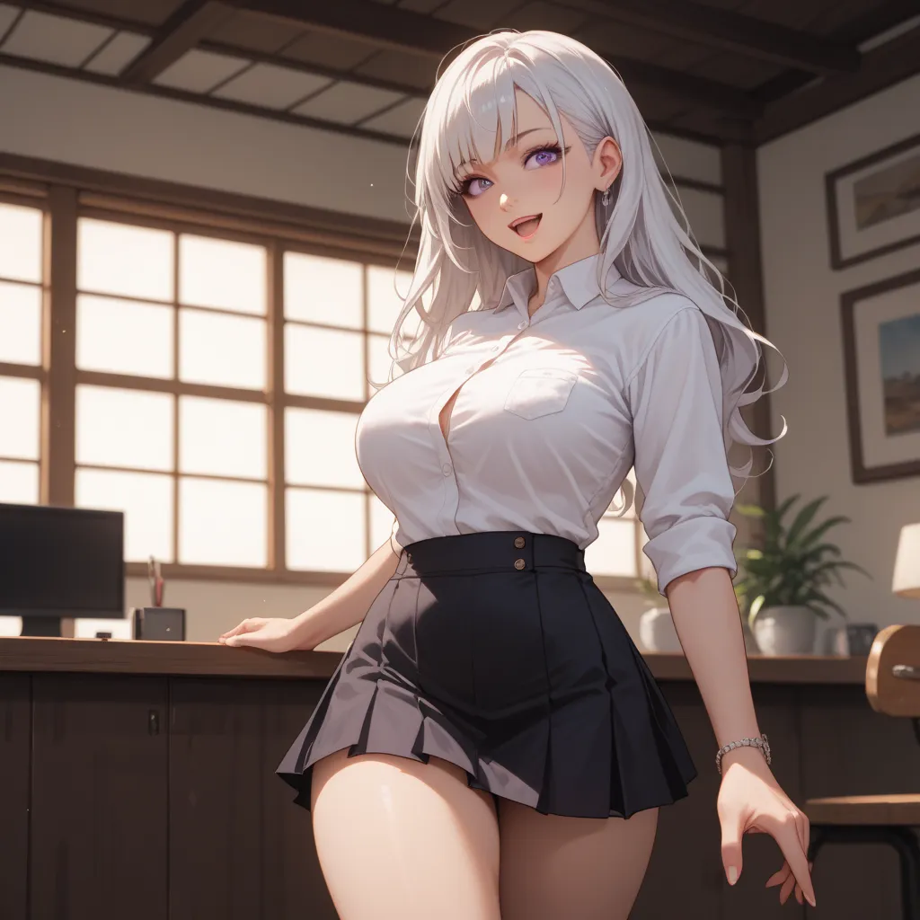   a woman, 20 years, Very sexually excited face,  White Hair, Japanese,  big bust, moderate butt , violet eyes,  white shirt, black skirt short to the knees and fitted to the body 