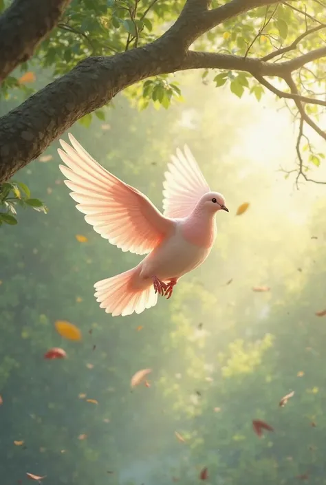 A dove  is flying from a tree.color is lite red