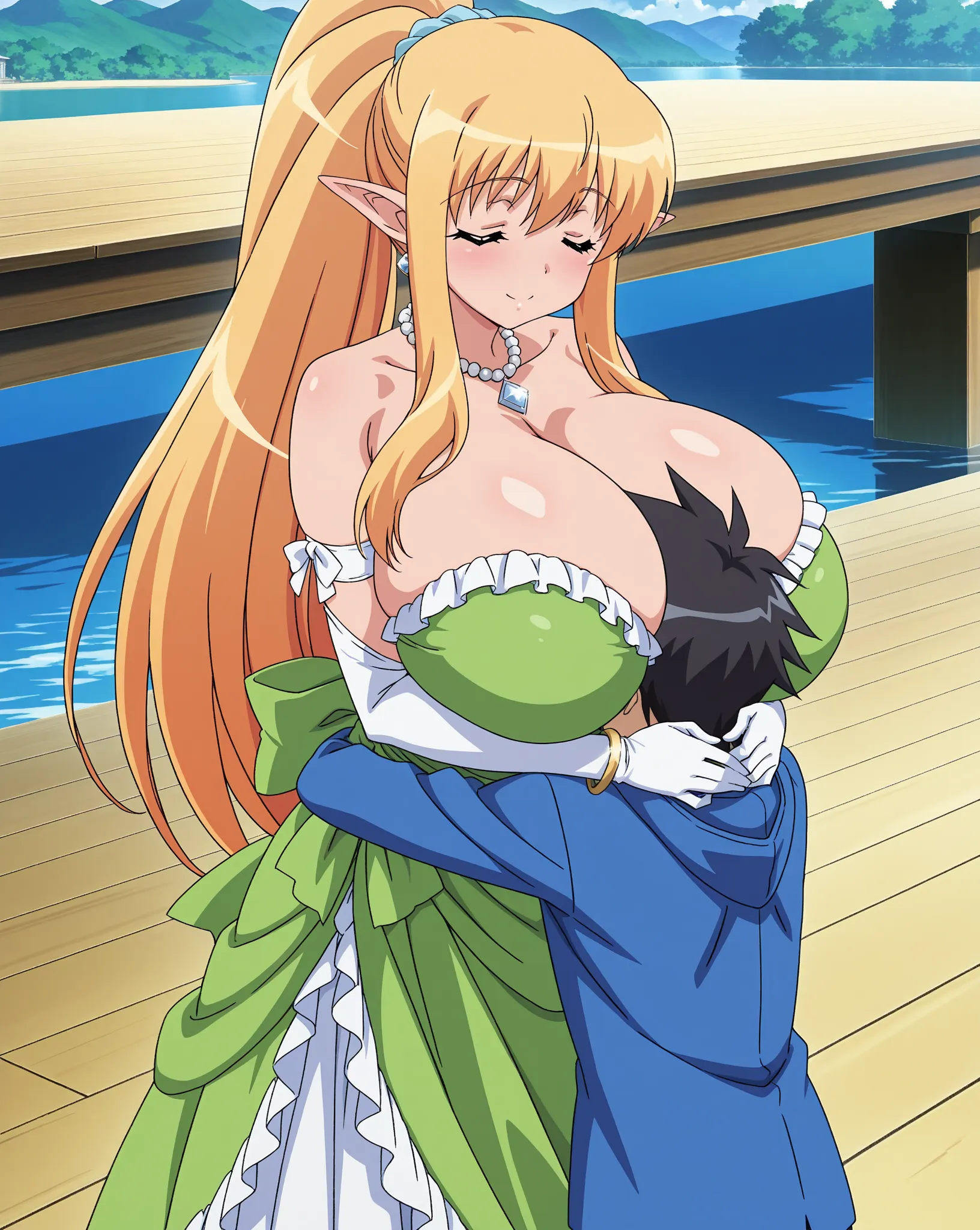 score_9, score_8_up, score_7_up, source_anime, anime coloring, anime screencap, 1 girl, alone, Tiffania Westwood (zero no tsukaima), elf, blonde hair, ponytail, hair tie, round hair, closed eyes, loving smile, white beautiful skin, gigantic breasts, cleava...