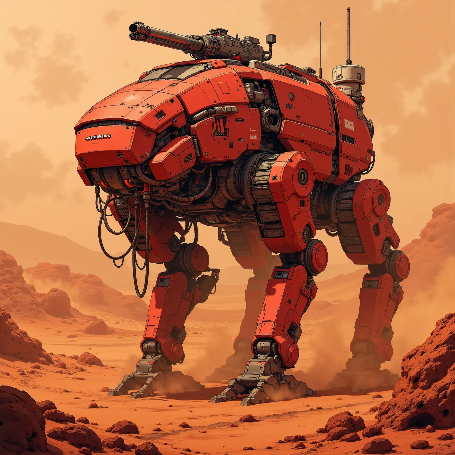 "Realistic, seen from above, Giant armored walker shape,  red, With a small turret, 120 mm caliber long gun on top of the chubby wanderer, futurist. dusty due to the sandy terrain, reddish color, terreno Realistic com pedras e areia com coloração avermelha...