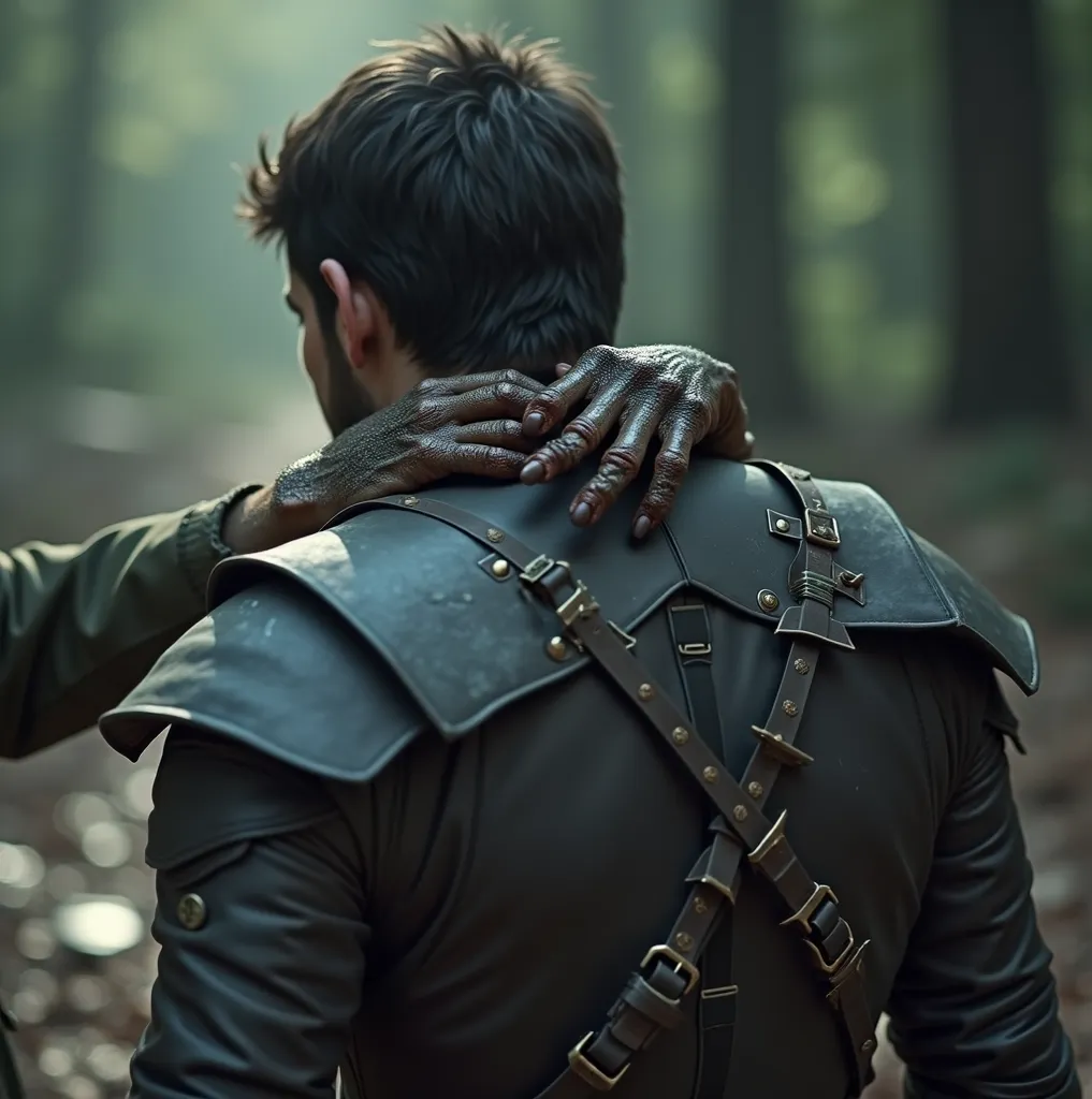 Close up of creepy hands that grab the hunter's neck with his back in leather armor