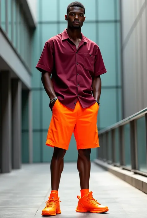 Make an outfit for a black male around 6'1 with a neon orangish shoe, a maroon shirt and a very dark orange short pants.