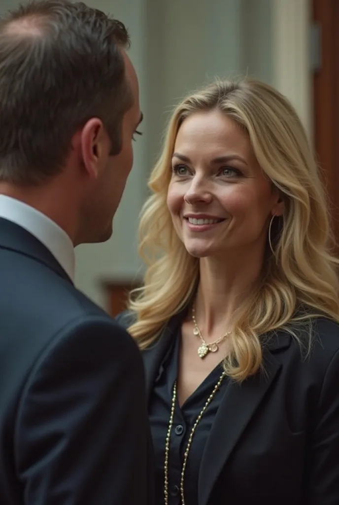 Image of a blond haired woman talking to a male public official 