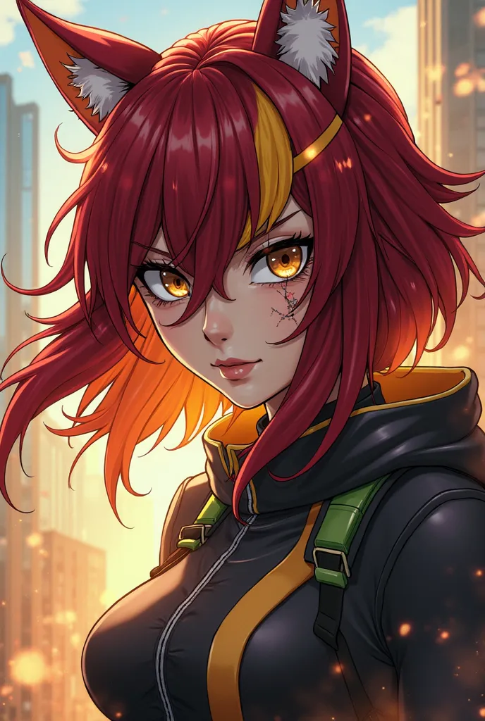  My Hero Academia, female character with dark red hair with yellow locks and low dog ears, brown eyes with a large scar mark on top of one of the eyes