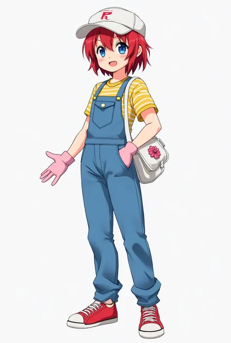 full body image,  style: anime, ,  short red hair, blue eyes, happy smile, Blue overalls, yellow shirt with white stripes, red shoes with white sole, pink gloves, white cap with small visor, white shoulder bag with a pink flower