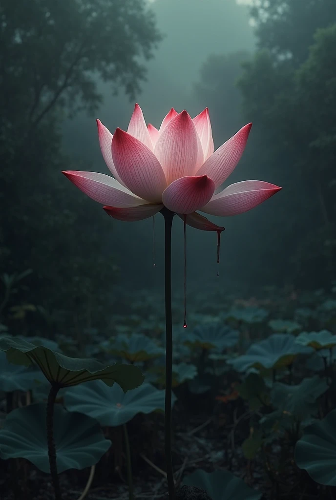 Black background , diffuse fog, lotus flower in the realistic center stained by droplets of blood that slide to the ground 