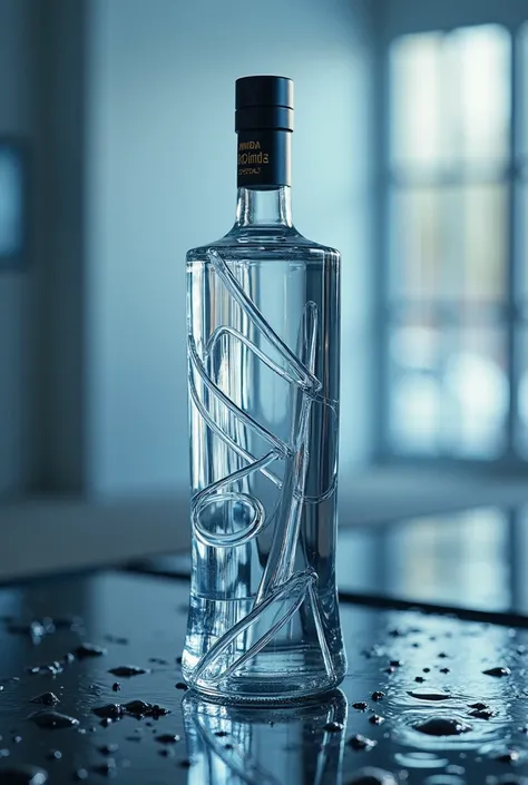 Imagine a bottle of vodka, modern elegant design, professional photography for advertising purposes, The bottle is on a wet glass surface,  perfect details, The bottle has a futuristic shape, 8k.