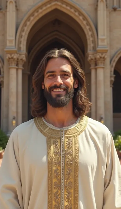  An ultra-realistic representation of Jesus in 4K, with a cheerful face . Jesus is looking directly into the camera. front view. Jesus is standing, wearing a luxurious white tunic with gold details. In the background the exterior of a wedding chapel. highl...