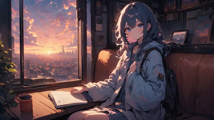 The girl is sitting alone on the blue train、 holding a white book 。The inside of the train is dyed cool blue and、 the floor is covered with light wood planks 、You can see the cityscape outside from the big window。The girl&#39;s expression、You can see the c...