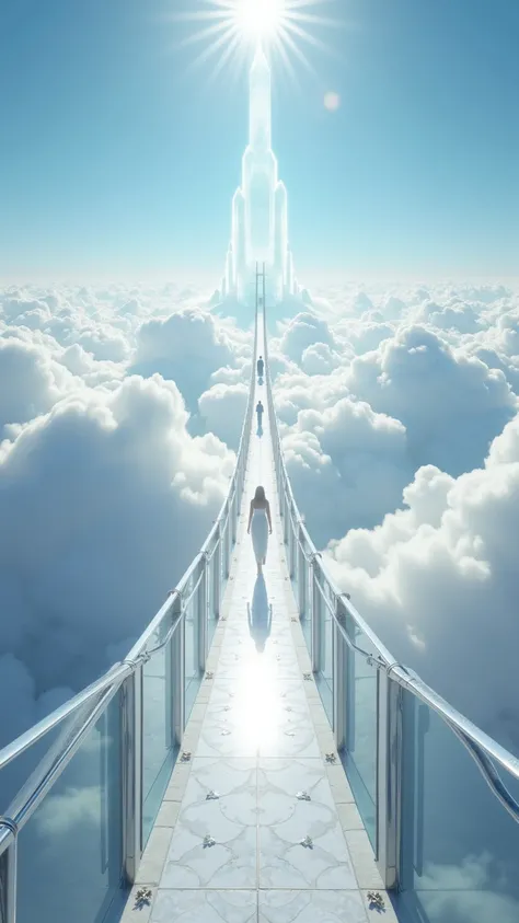 A hyper-realistic depiction of a **floating celestial bridge**, extending endlessly above an infinite ocean of soft, white clouds at **80% sharpness**, seamlessly blending into a deep blue sky. The bridge is crafted from **polished white granite with embed...