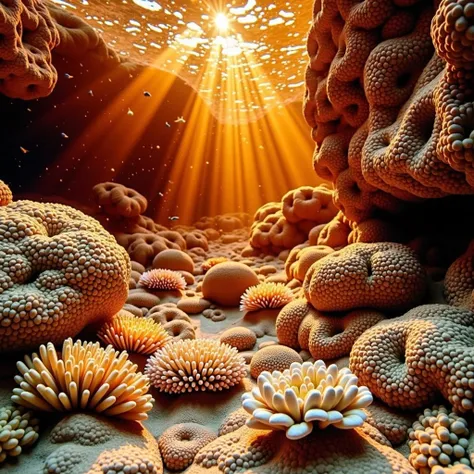 This is a detailed hyper-realistic photograph of an underwater coral reef scene. The image is bathed in warm, golden sunlight filtering through the water from above, creating a serene and almost ethereal environment. The foreground is dominated by several ...