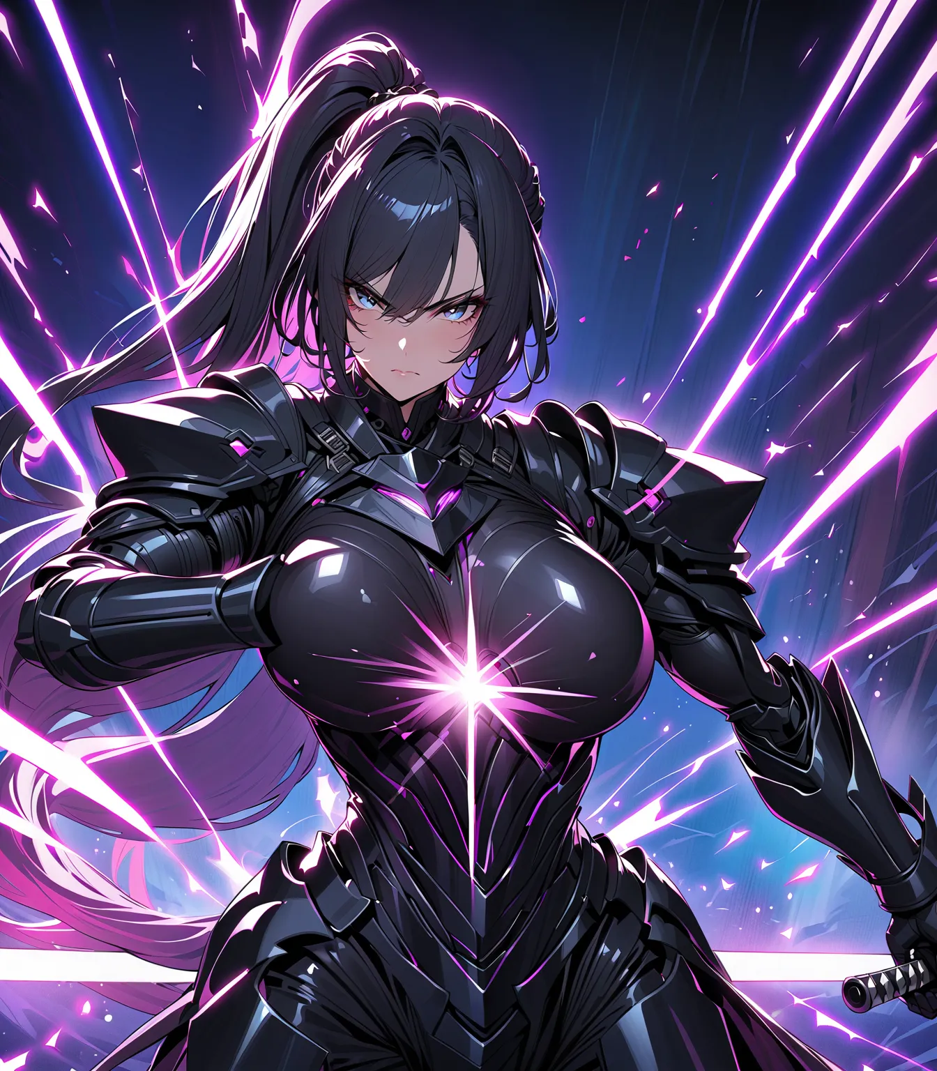 Anime, high detailed, extreme, masterpiece, 4K, 1 girl, girl Knight in a shiny-black light-armor, holding a saber sword, Battle stance, very Long hair tied on a low-ponytail, buxom, serious (determined)