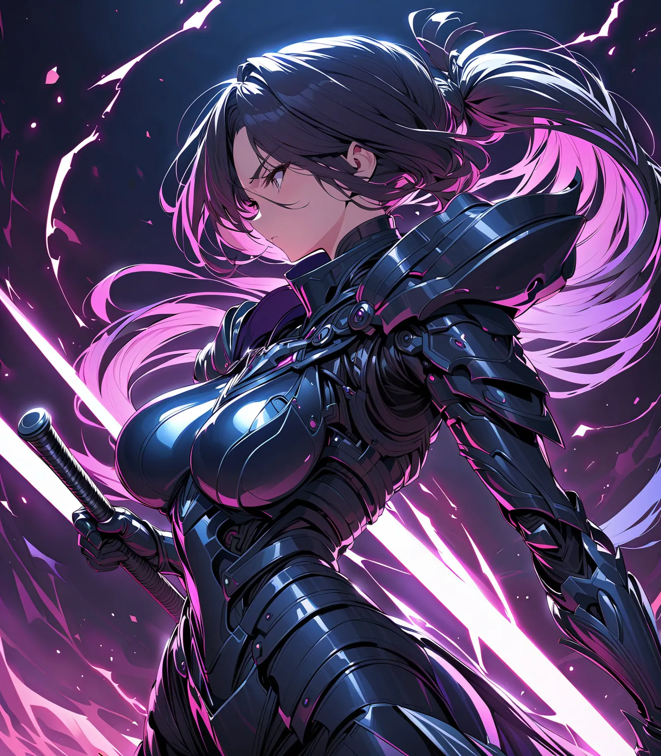 Anime, high detailed, extreme, masterpiece, 4K, 1 girl, girl Knight in a shiny-black light-armor, holding a saber sword, Battle stance, very Long hair tied on a low-ponytail, buxom, serious (determined)