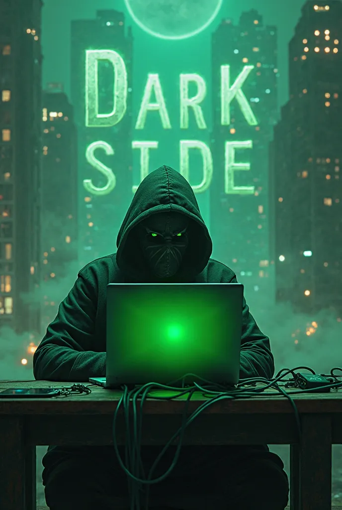  Here is a more detailed description :

A macabre hacker, with a mask and dark cover, sitting in front of a notebook with a screen illuminated by a green neon light. The notebook is connected to a network of wires and cables that extend to planet Earth, cr...