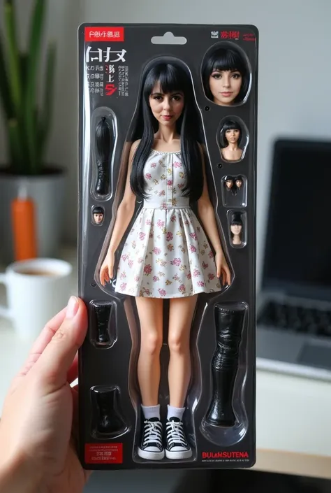 A hyper-realistic action figure of a young woman with long black hair with bangs, wearing a white flowery dress and black-and-white sneakers. body a little fat. The action figure is highly detailed, with articulated joints, interchangeable heads, and acces...