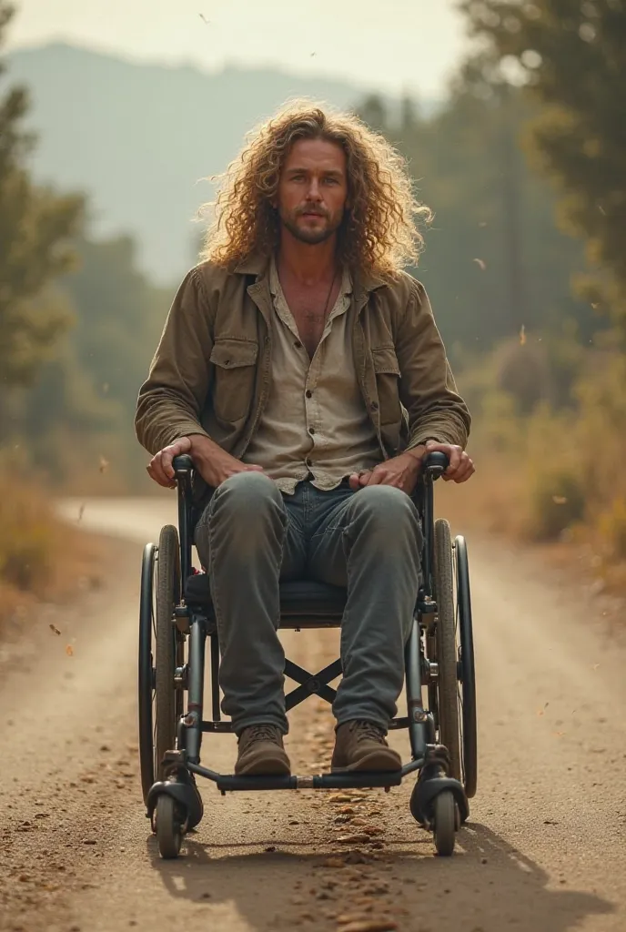 A man with long blonde hair that is very curly on his shoulders leaves a wheelchair behind him, drives away doses, sets out on a long road, leaving footprints.