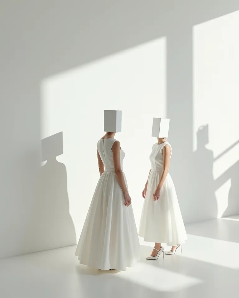 Elegantly dressed guests in an abandoned empty white studio. But instead of faces, they only wear white bags on their heads. long shadows flit across the white walls, as if invisible figures are dancing with them. Huge shadows on the walls 