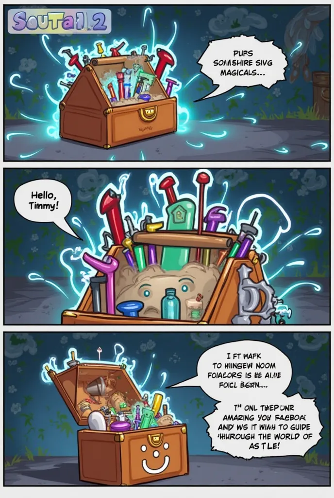 Scene 2:
 
- Panel 1: Timmy pulls the toolbox out. It glows slightly.  Caption: "Something magical..."
- Panel 2: The toolbox opens, revealing brightly colored tools that seem to shimmer.  A friendly face appears on the toolbox's front – a smiling, wise-lo...