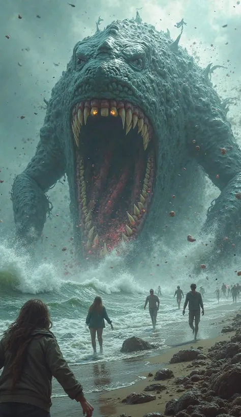 Very terrifying sea monster attacking people with a very violent scene