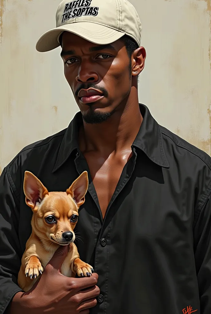 Carl Johnson from GTA San Andreas wearing a black faggot and a white cap, with a logo on the front of the cap that says "Raffles the Sopitas"  in black letters , With a brown Chihuahua dog 