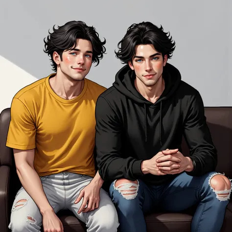 2 males, twins, high resolution, best quality, high details, attractive, sitting on couch

1 male: short hair, wavy hair, dark hair, smile, friendly, muscular, blue eyes, tshirt, sweatpants, tones body

2 male: medium length hair, wavy hair, dark hair, int...