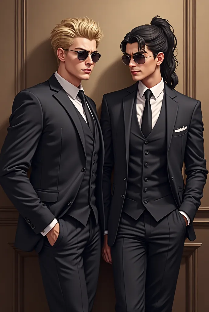 Two elegant men dressed in suits and ties. leaning against a wall in an online gaming room. They both look forward with mischievous faces.  One of them is blonde with short hair and no sunglasses. The other has long black hair in a ponytail, wears sunglass...