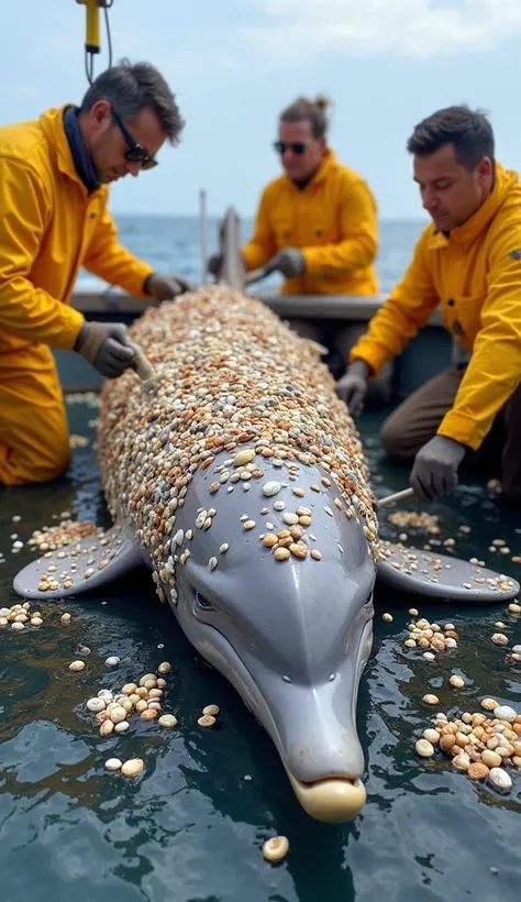 "On the boat, the dolphin is resting, its body covered with over 80,000 sea shells. Four people in yellow attire are on the boat, one of them wearing black sunglasses. The dolphin is already on the boat, and the workers are holding brushes, carefully remov...