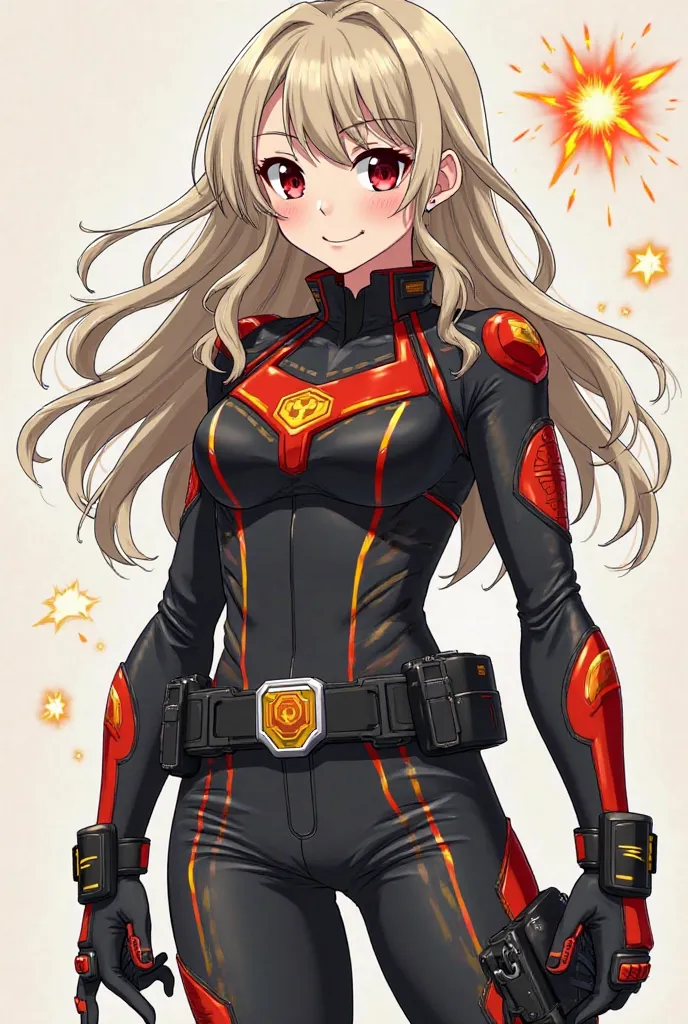 Screenshot of My Hero Academia, girl with medium long hair a little fluffy and wavy ash blonde with fringe, has ruby red eyes, has a cheerful expression and wears a heroine costume with these indications: 

1. **COLORS**: 
   - ** Dark base **: A black or ...