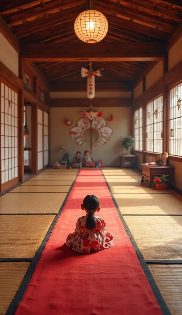  Fantastic　realistic footage　A large hall with tatami mats in a Japanese house　beautiful doll decorations on a red carpet