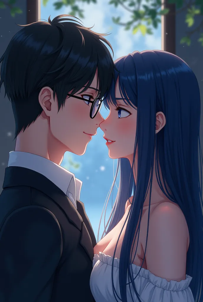 Anime cute women's long hair navy blue with man with short black hair and lenses, passionate