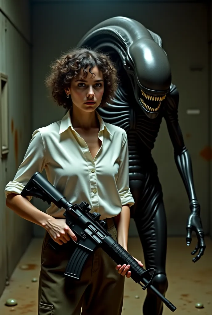 Generate a woman with short curly hair, In a white blouse, And she's with a petite blonde in old clothes,  the woman is holding a machine gun , and she is sweaty , and in a dark place with sticky beige slime eggs stuck to the floor, they are viscous and ve...